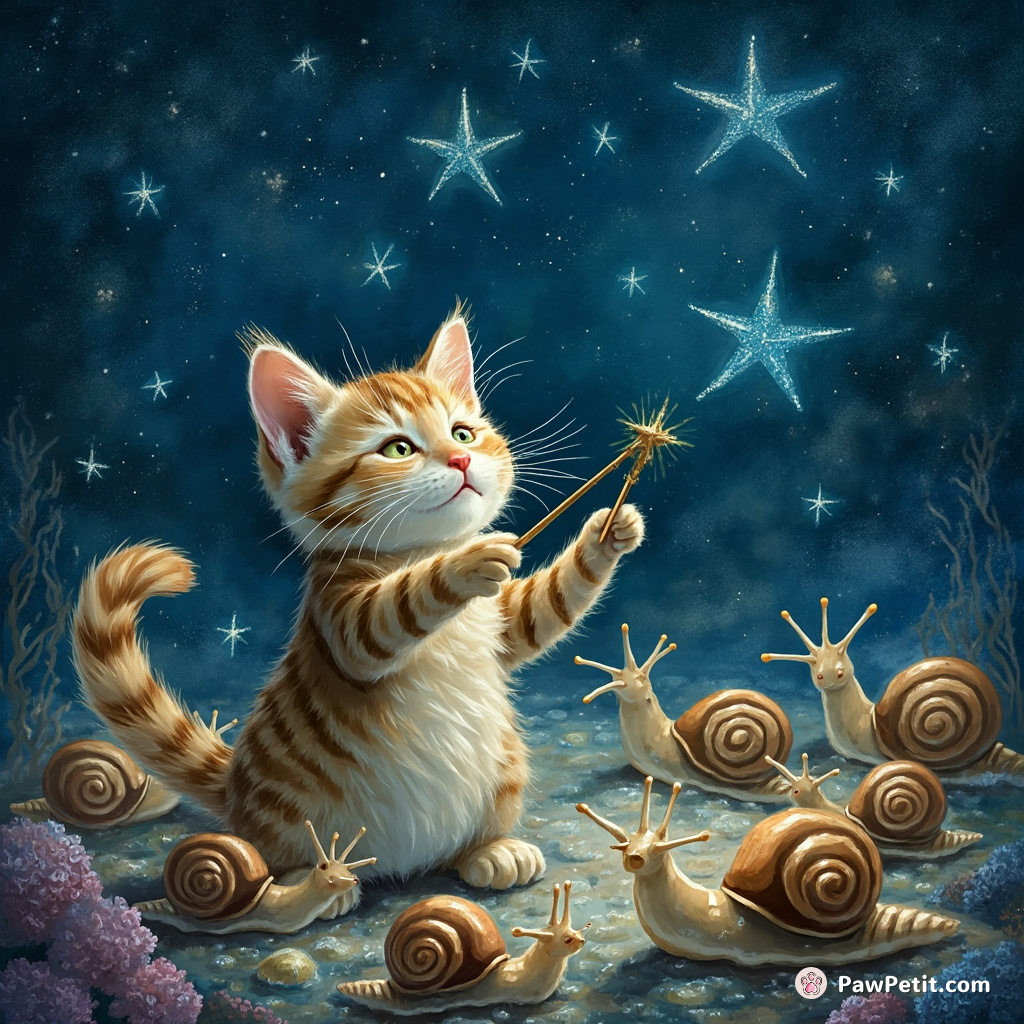 Cat conducting a symphony of singing snails under seastar sparkles in the ocean.