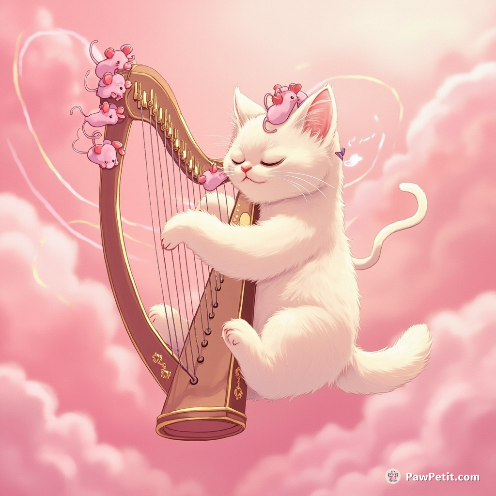 A cat playing a magical harp that emits spectral mice instead of sound, floating in bubblegum pink clouds.