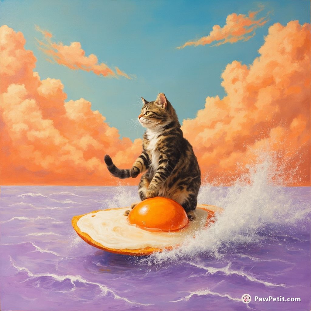 A cat expertly windsurfing on a fried egg over a lavender sea under a sky of orange cotton candy clouds.