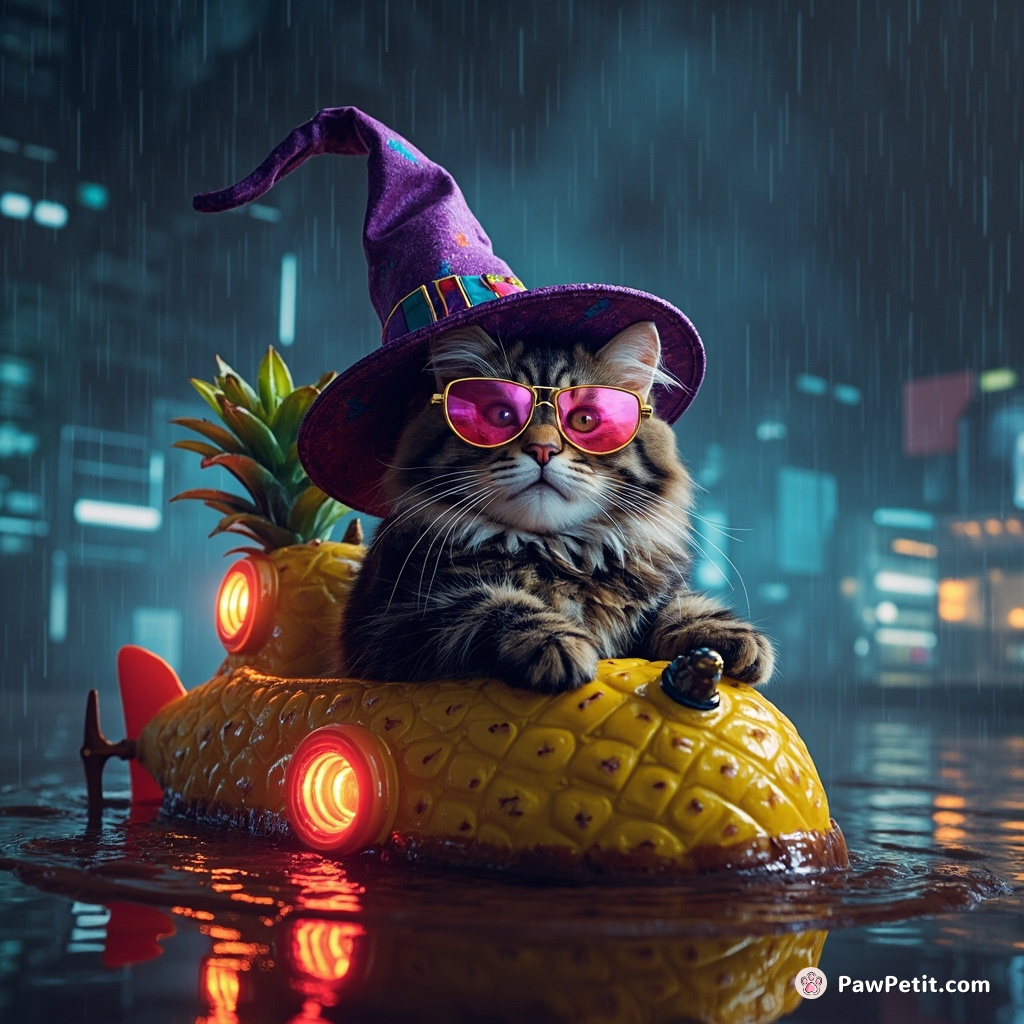 Cat, adorned with pointy wizard hat, eloquently celebrates its birthday in a pineapple-shaped submarine under a chocolate syrup rain.
