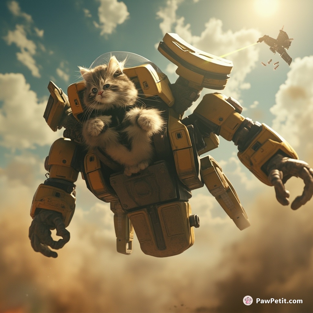 Fluffy, the cat, pilots a colossal mecha, flipping it upside down to catch a laser-pointer beam.