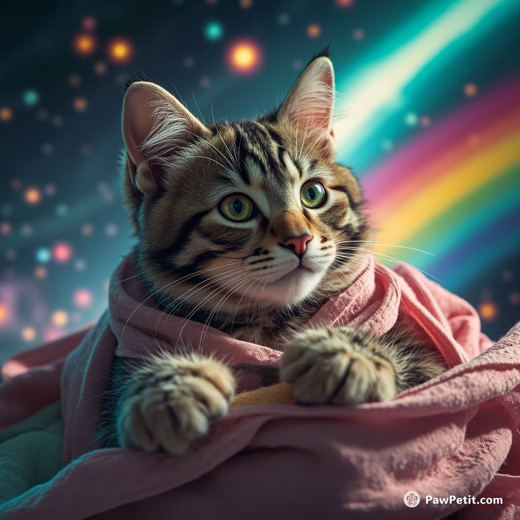 Cybernetic cat stitching fabric pieces of the universe while riding a rainbow comets in zero gravity.