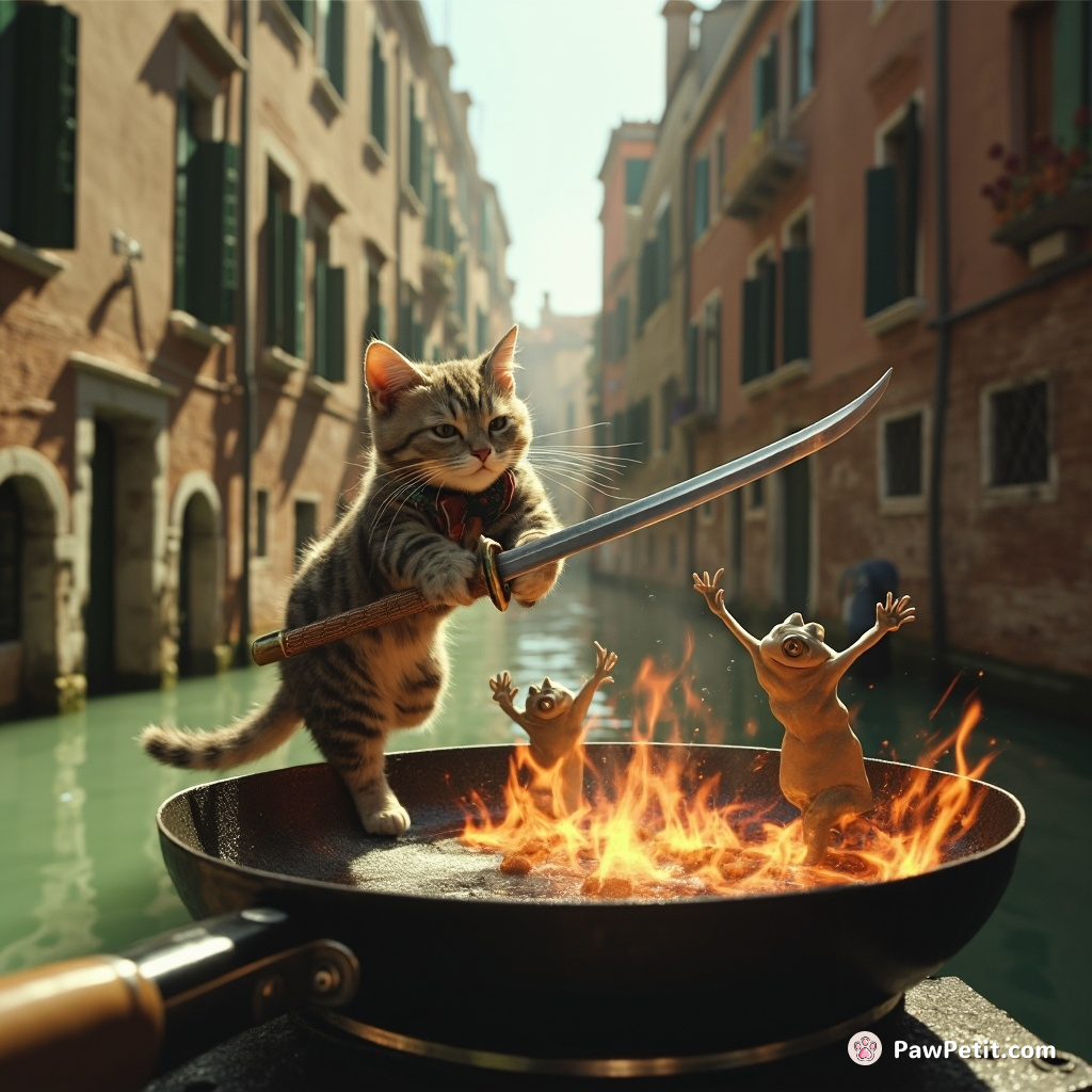 A cat sword-fighting with shadow puppets on a sizzling frying pan in the midst of Venice's flooded streets.