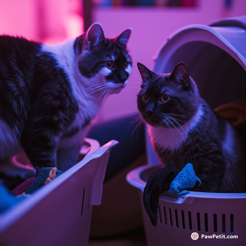 Cats secretly pilfer socks from laundry baskets while humans remain blissfully unaware of their feline roommates' antics.