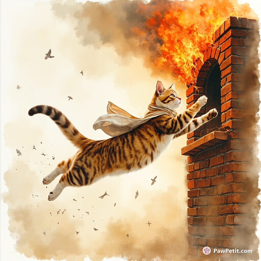 Cat leaps into burning building, mistaken for hero rescuing trapped child, hailed as brave soul.