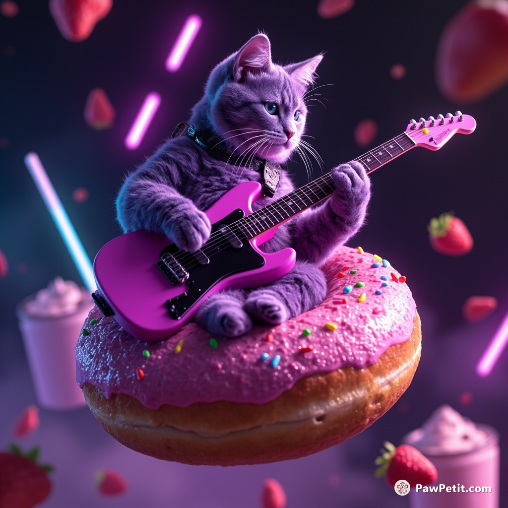 A purple cat playing electric guitar on top of a glistening chocolate donut floating in strawberry milkshake space.
