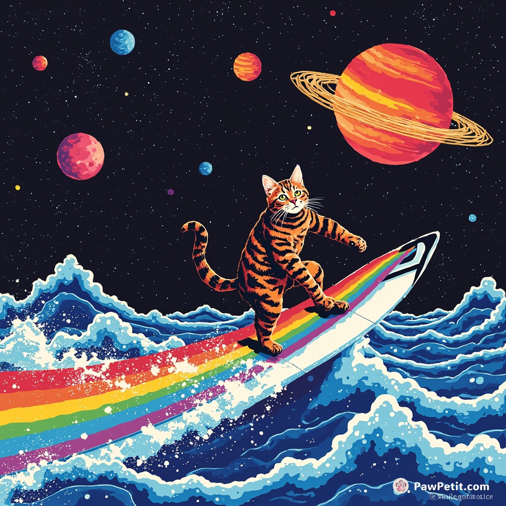 A tabby cat windsurfing on rainbow waves under a spaghetti sky in outer space.