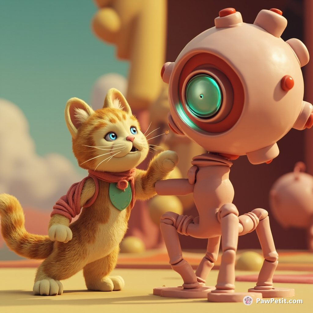 The cat deftly activates a colossal, spinning apparatus with a swift paw-swipe, controlling the alien-human machinery.
