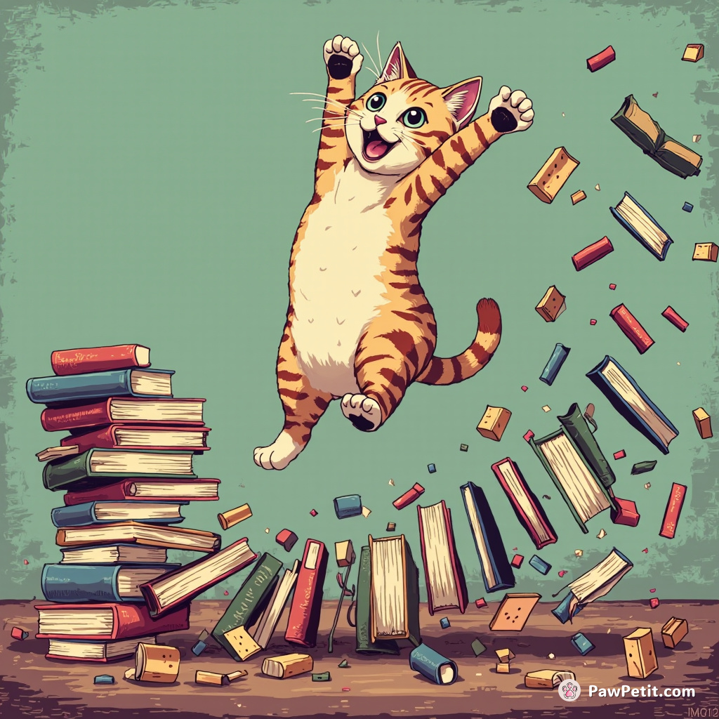 Cat leaps wildly, knocking over a stack of books, triggering a domino effect of falling objects.