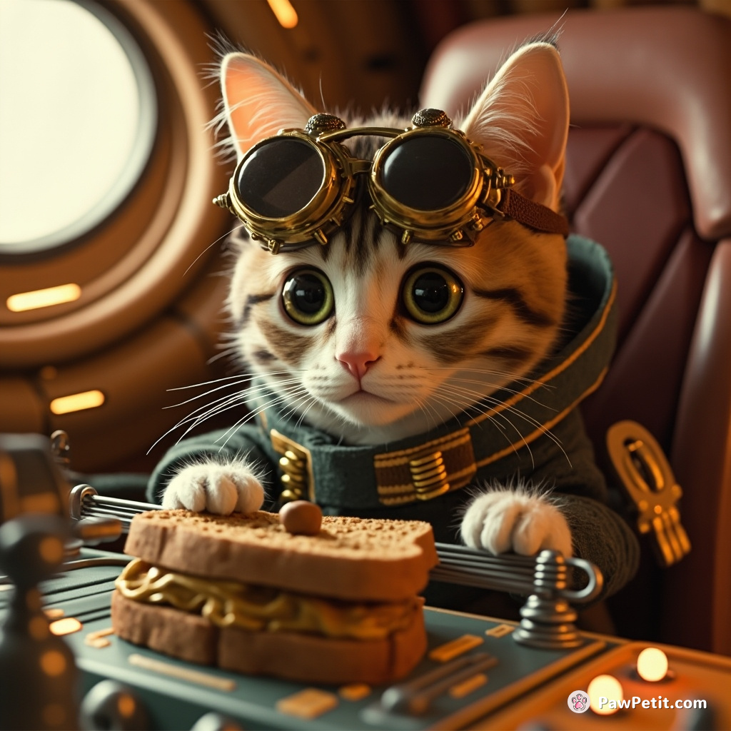 A cat wearing steampunk goggles, operating an intricate control panel aboard a peanut butter-filled sandwich spaceship.