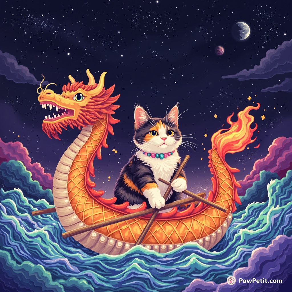 A calico cat piloting a pearl-adorned dragon boat made of flaming zongzi through an iridescent galaxy sea, whiskers twitching delicately to steer celestial currents.