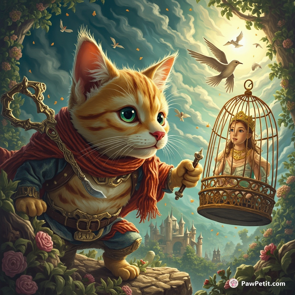 Puss, the valiant feline, unsheathed claws, deftly rescued the princess trapped in a birdcage, flabbergasting the burly dog-king.
