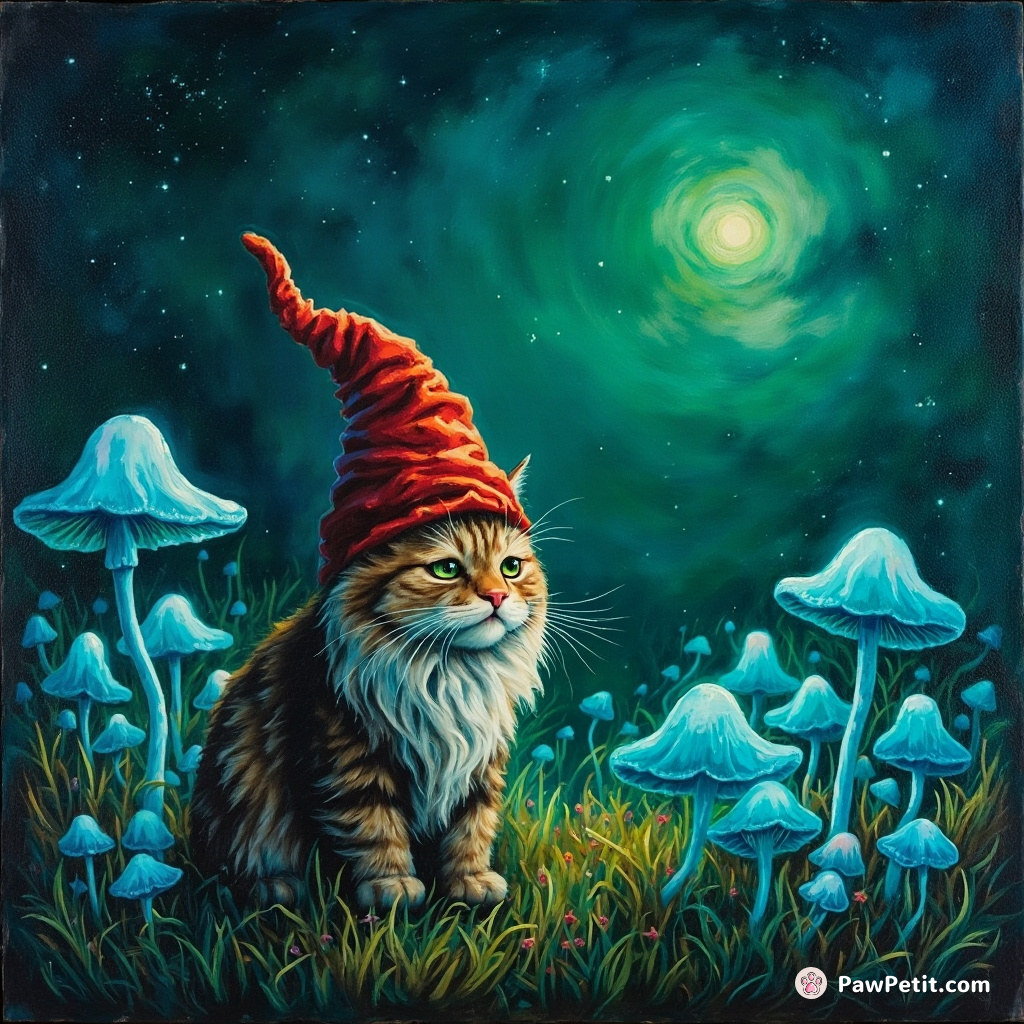 Garden gnome cat grazing on a field of glowing blue mushrooms under an emerald green night sky.