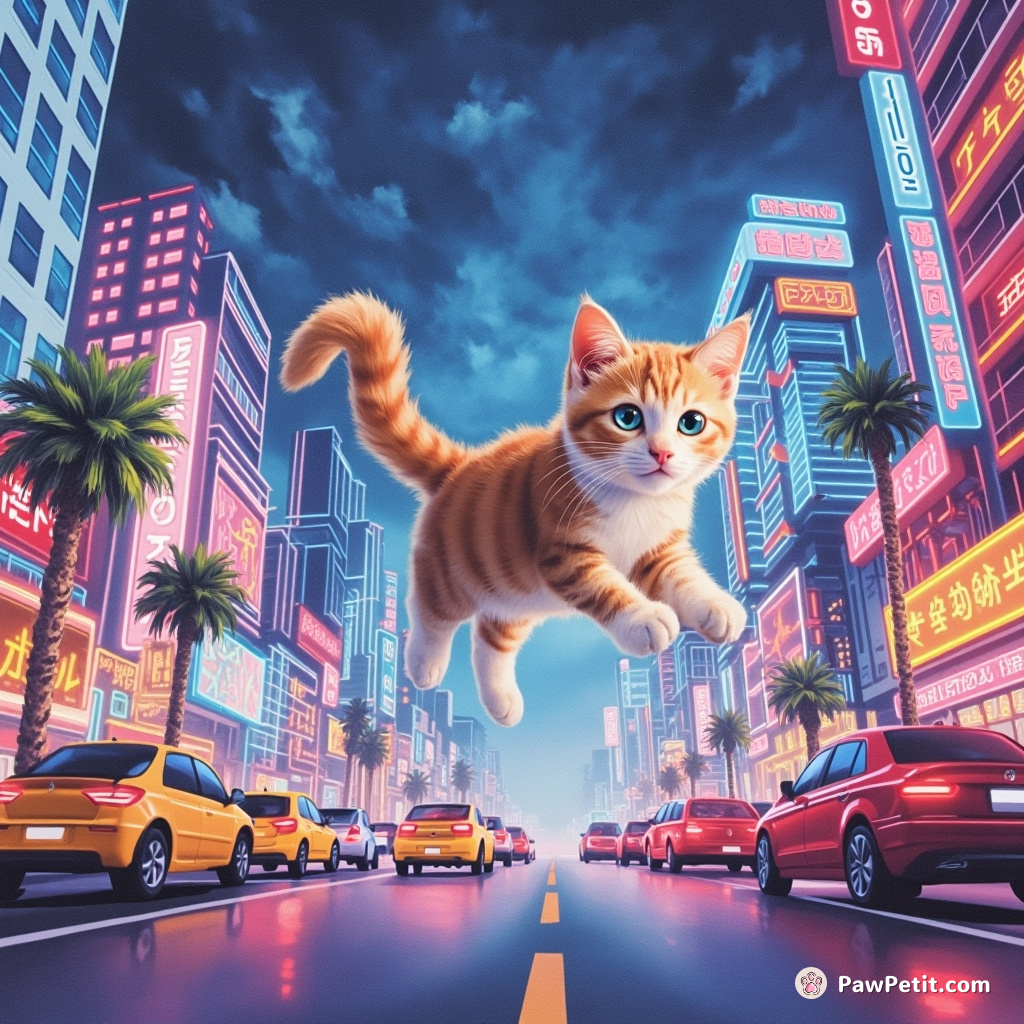 Cat, tail swaying messianic, glided in holograph traffic, defies gravity within the gleaming neon skyline of Futureville.