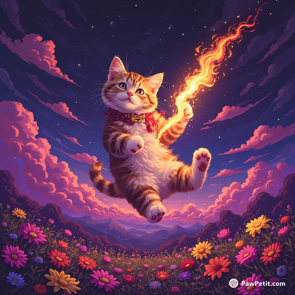 Cat performing a fire-breathing magic trick while floating in a zero gravity neon meadow.