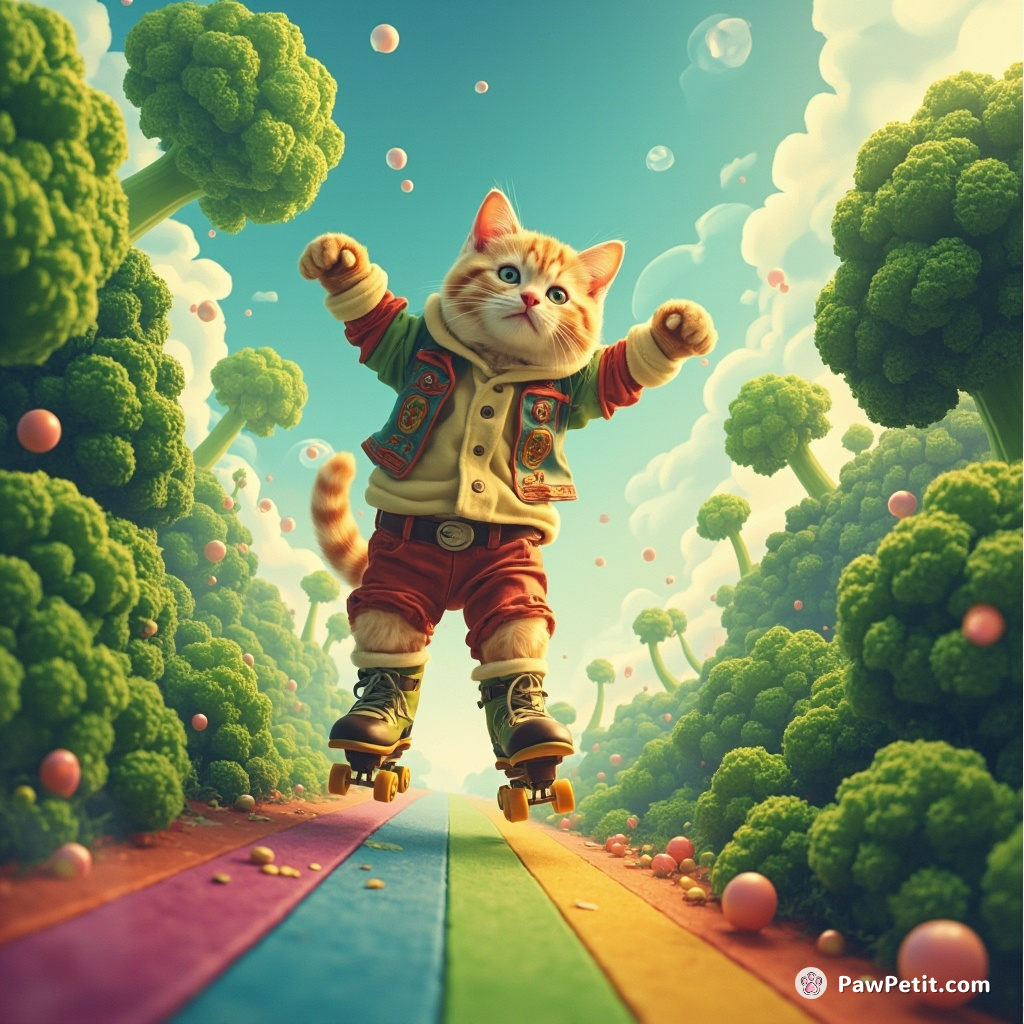 A cat joyfully rollerskating on a rainbow path among giant, floating broccoli florets.