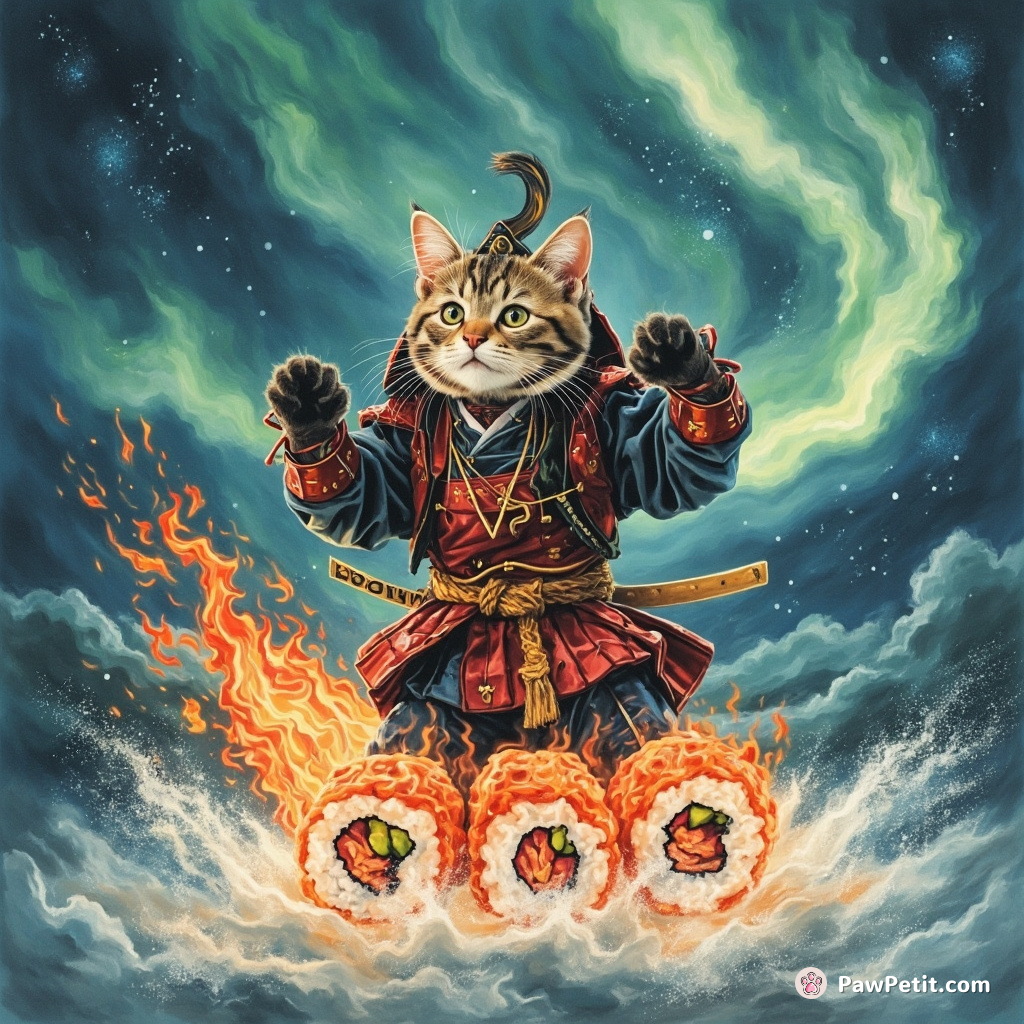 Cat dressed like a samurai, performing a Broadway musical on top of a flaming sushi roll, under an aurora borealis.