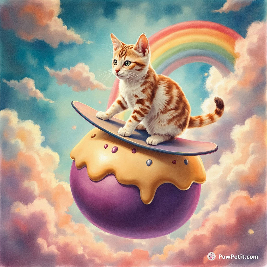 A cat surfing on plum pudding in a psychedelic tropical sky.
