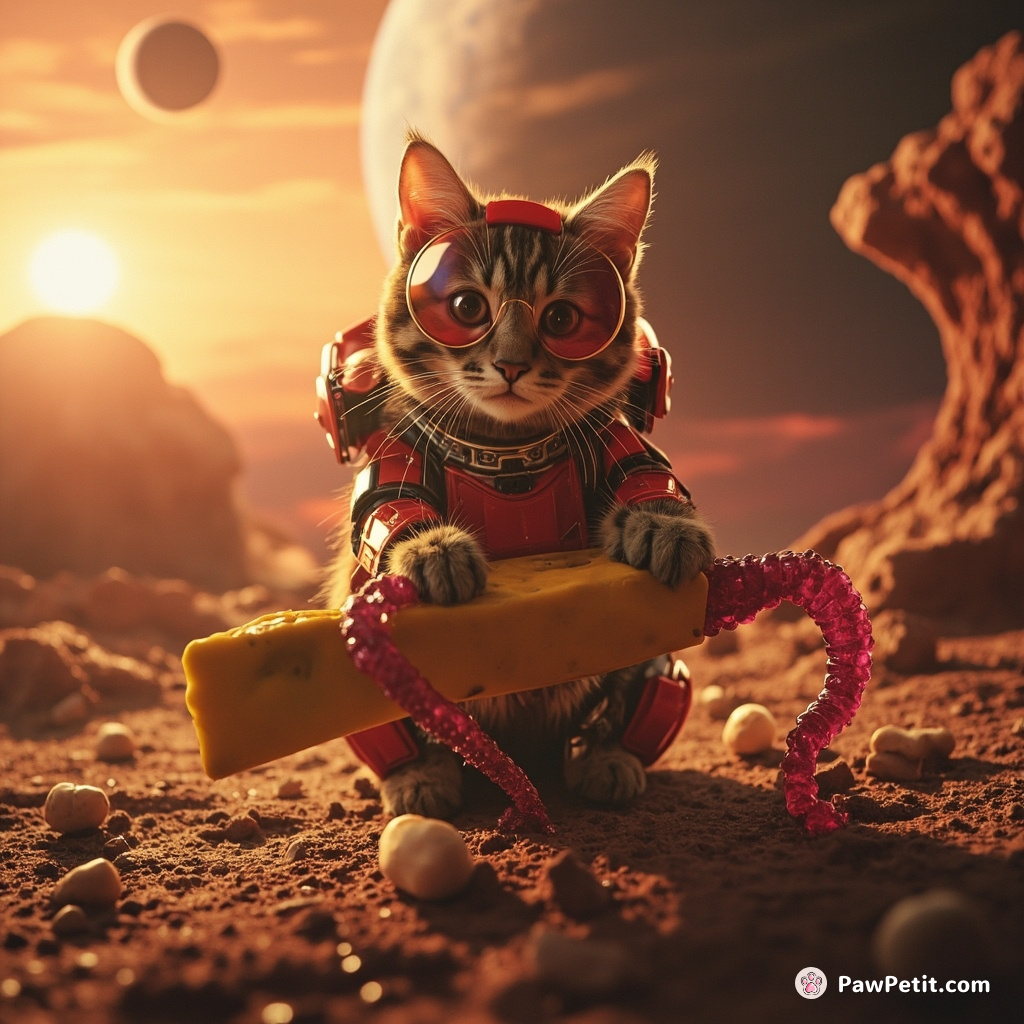 Cyborg cat repairing a floating cheese spaceship with a gummy worm wrench under venusian sunset.