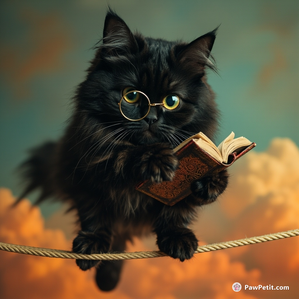 Giant, gothic-style black cat wearing a monocle, perusing an enchanted spellbook floating in front of it, while balancing on an acrobat's tightrope over carrot-orange clouds.