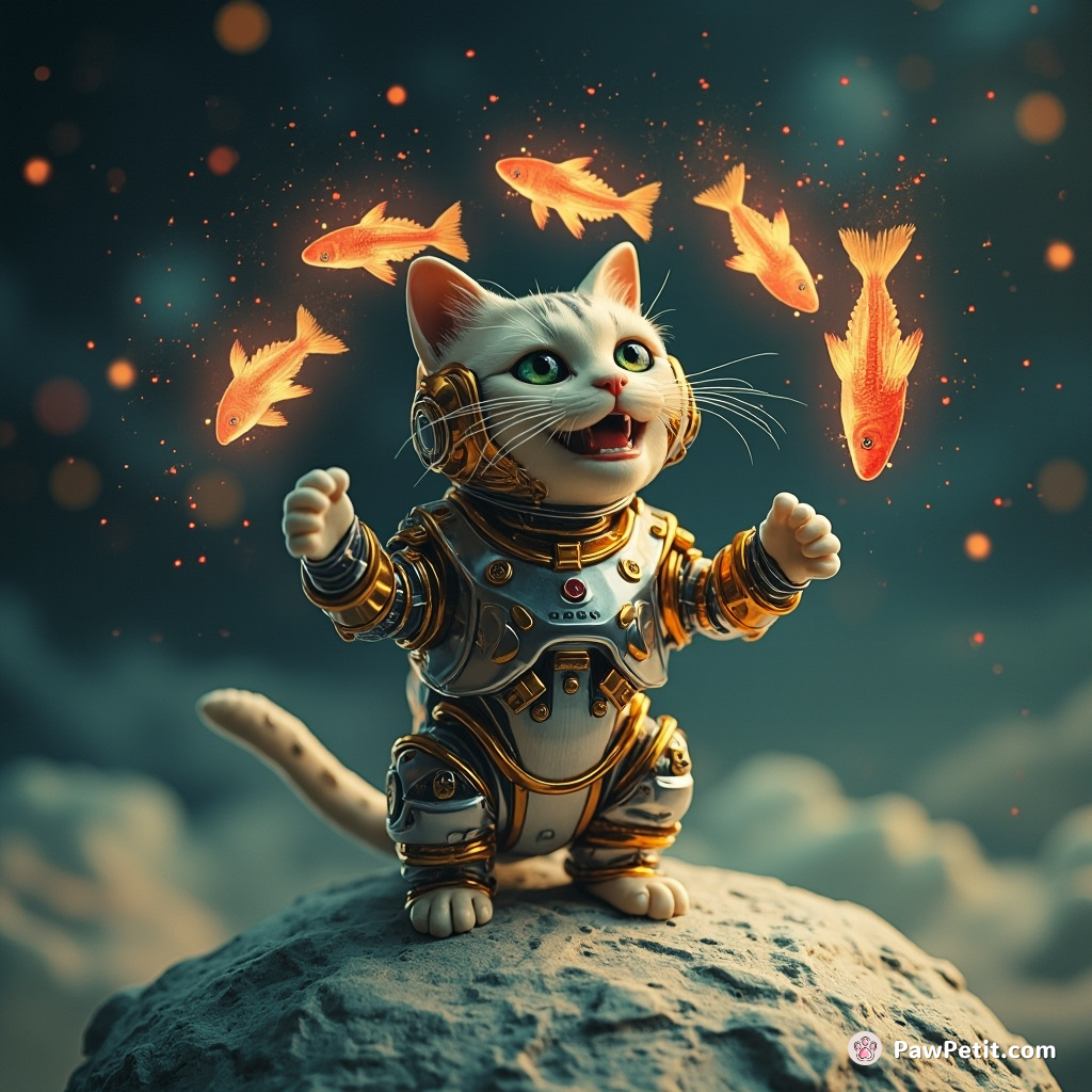 A metallic, cybernetic cat juggling flaming fish on the moon under a spray of multicolored meteor showers.