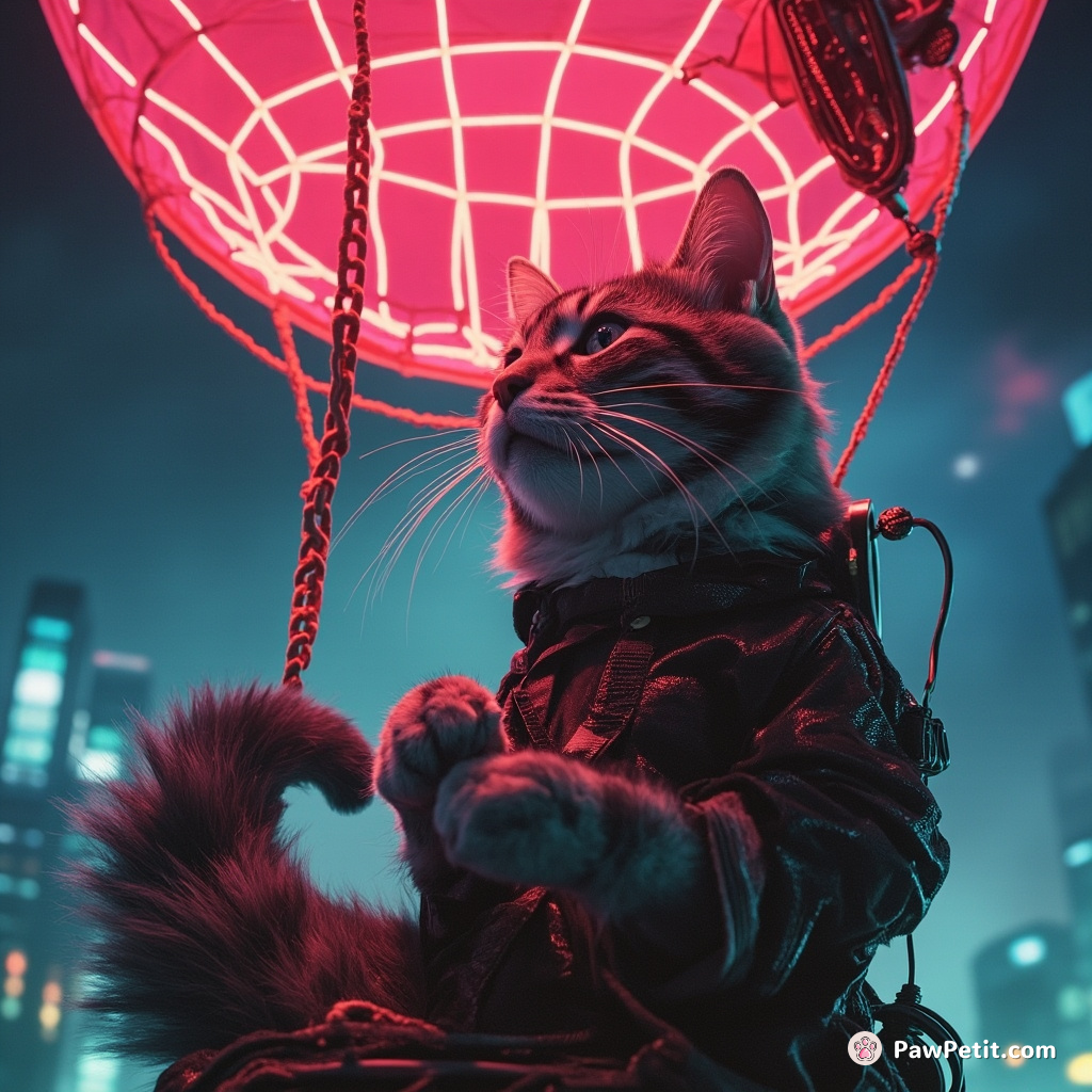 Steampunk cat leisurely threading a needle using its tail inside a floating hot air balloon.