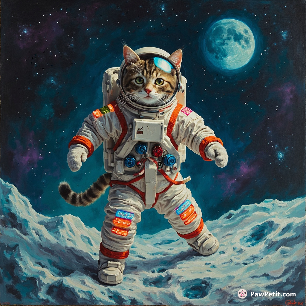 A cat dressed as a neon-spangled astronaut, moonwalking on crumbly blue cheese moon.