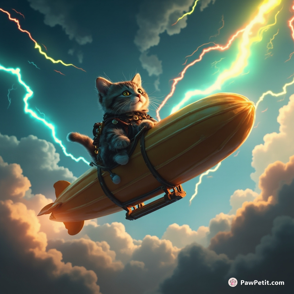 Steampunk cat piloting a zeppelin through storm clouds lit by rainbow lightning.