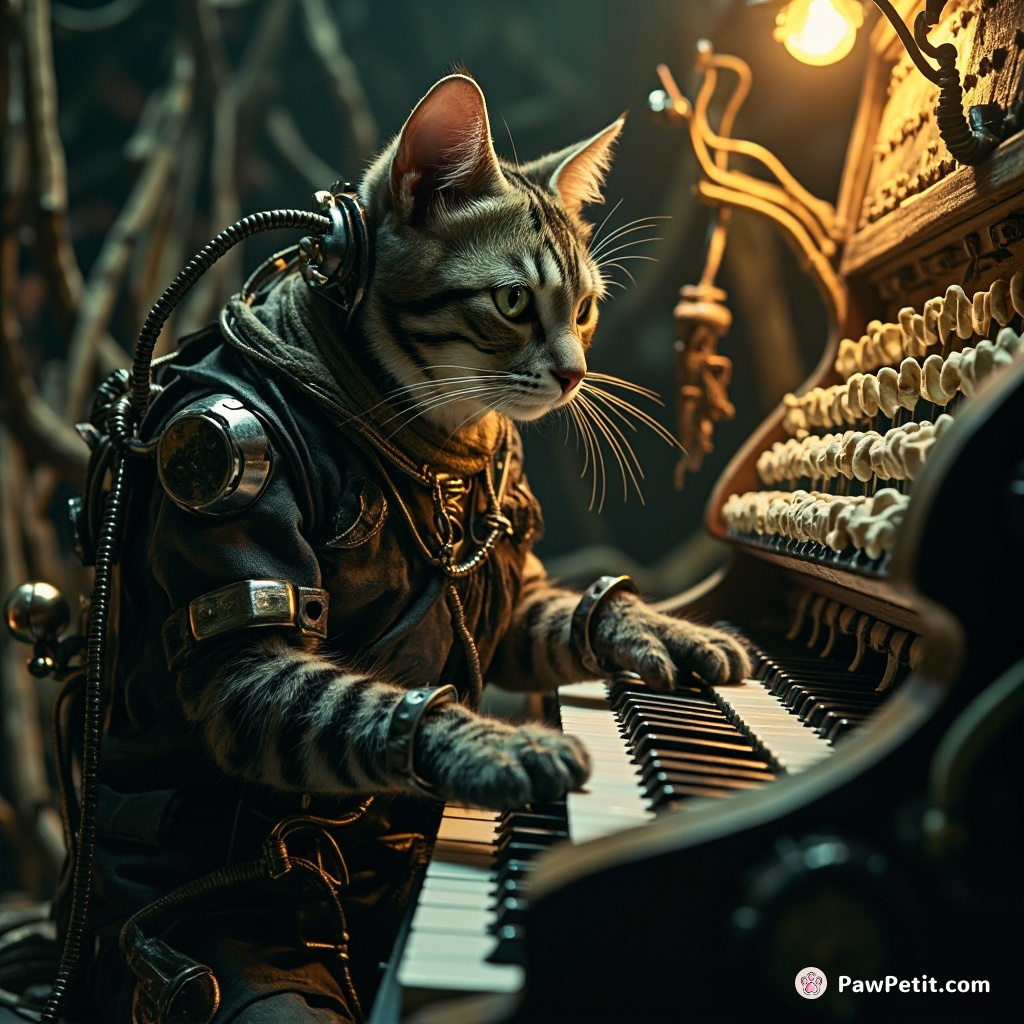 Cybernetic steampunk cat operating an underground organ made of bones, radiating eeriness.
