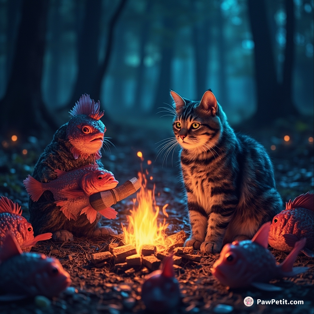 Cat telling ghost stories around a campfire to an audience of startled fish.
