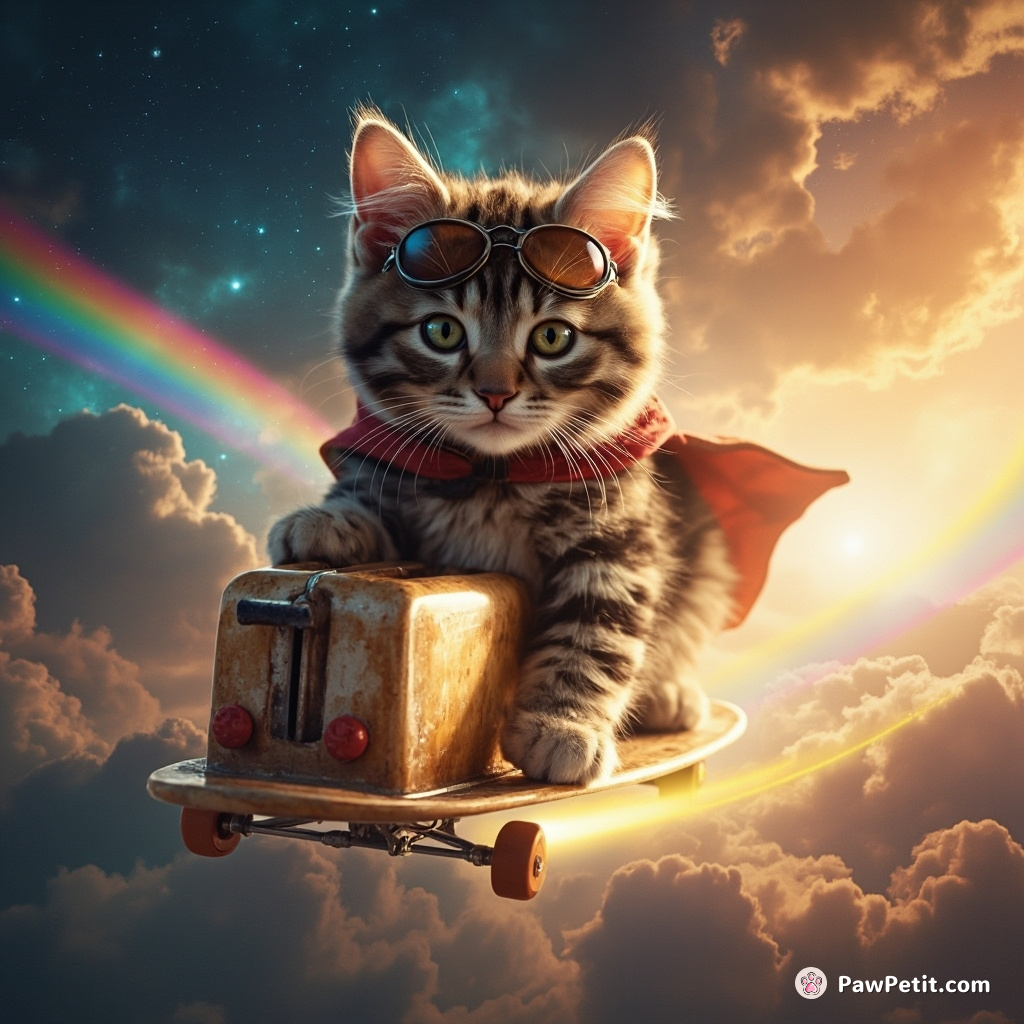 Cat surfing on a flying toaster radiating rainbows, wearing aviator goggles and cape through a nebula-clouded intergalactic sky.