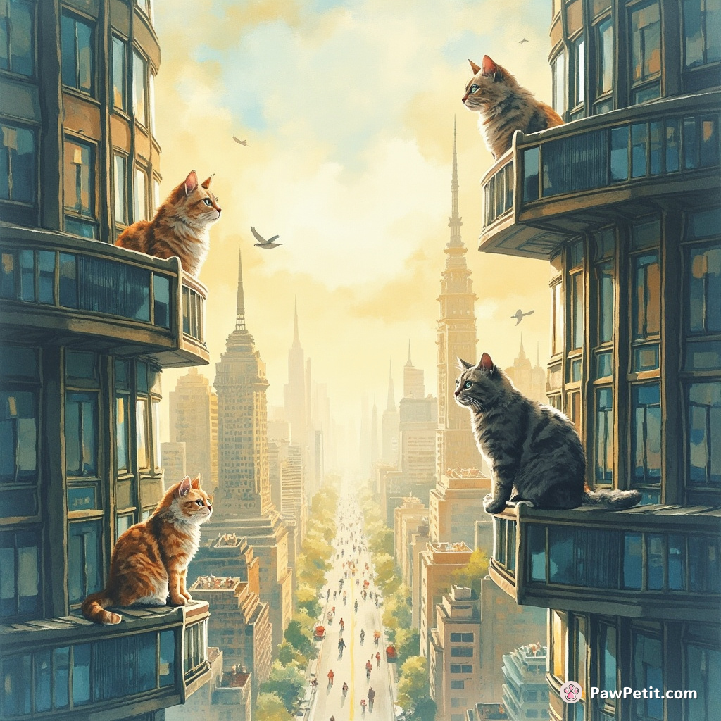 Cats convene in towering skyscrapers, orchestrating global policies from sunlit perches above bustling human streets.