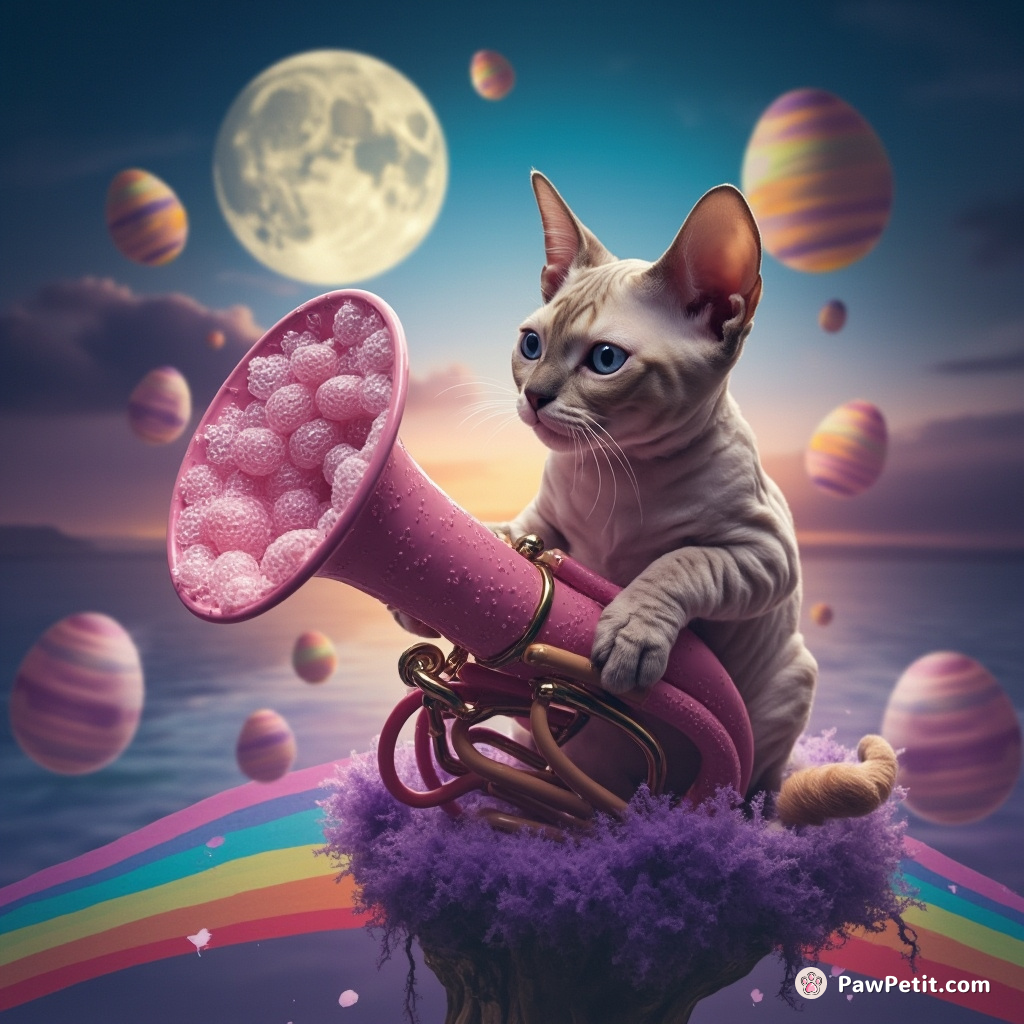 A sphynx cat energetically playing a bubbly pink tuba on a mysterious floating island in the rainbow sea under an easter egg-shaped moon.