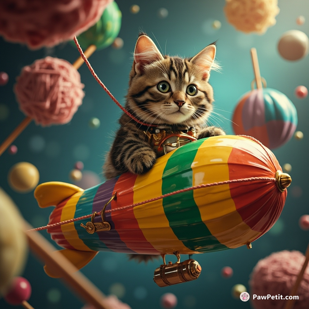 Steampunk cat fixing a rainbow-colored cucumber-shaped zeppelin in a cosmos of giant knitting needles.