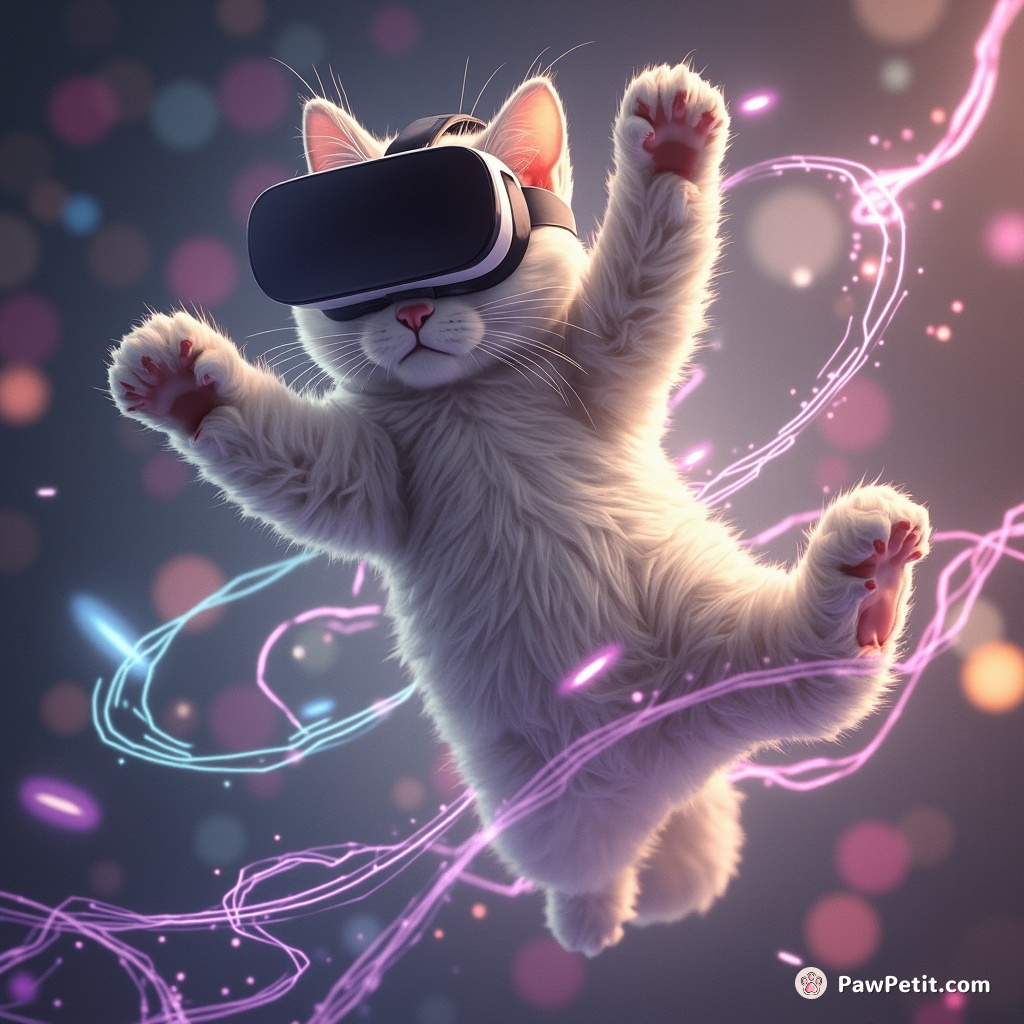 In a VR world, the cat dances through data streams, weaving illusions with every graceful leap.