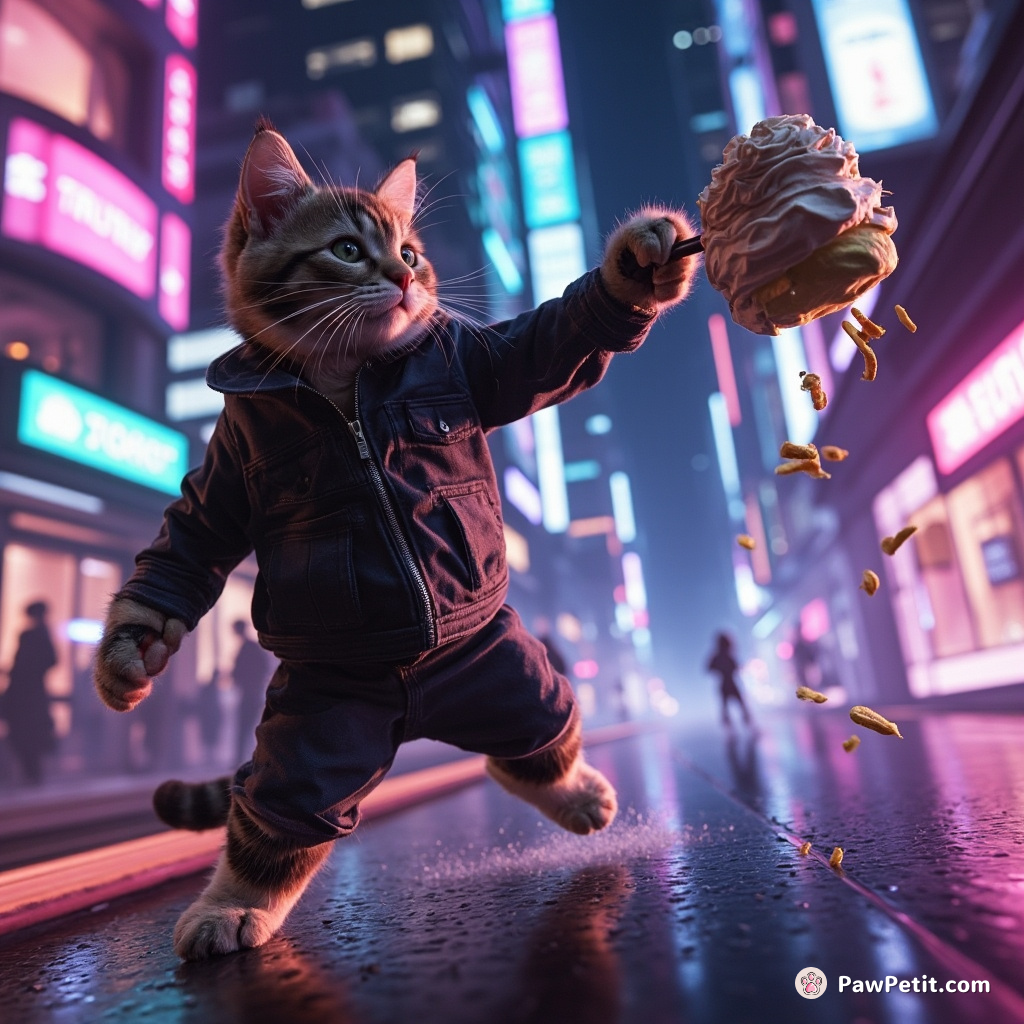 Whiskers the cat, mistaken for a hero, wins hearts by dramatically batting at a falling soufflé, saving the day.
