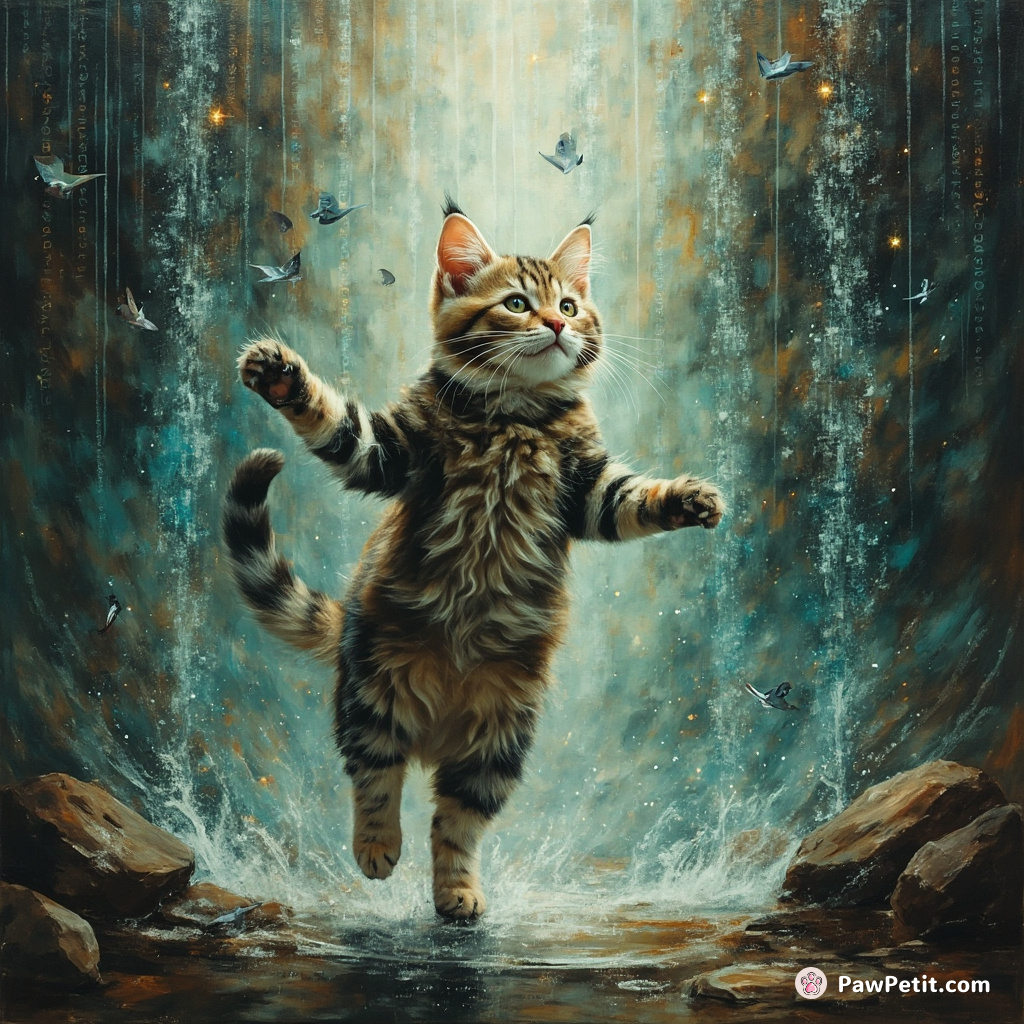 In a digital VR realm, the feline dances through cascading code waterfalls, weaving reality with ethereal grace.