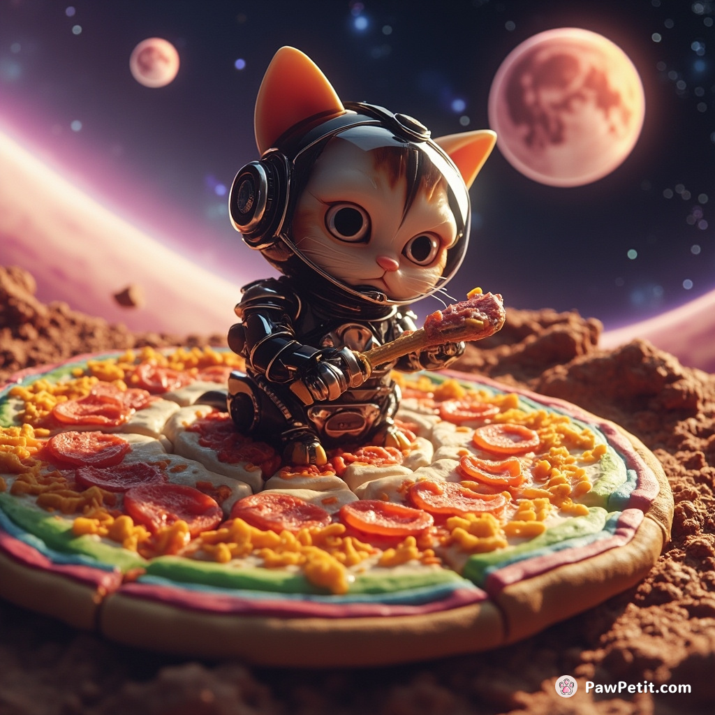 Cyborg cat making a rainbow pizza inside a hollow asteroid.