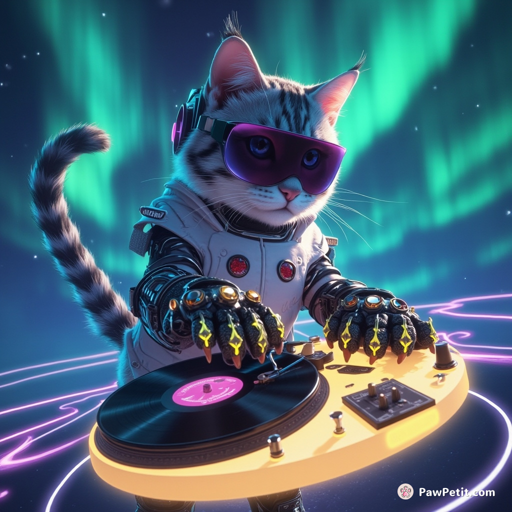 Cyborg cat DJ spinning vinyl LPs on floating moon cheese turntables with gem-encrusted paw gloves under an aurora borealis light show.