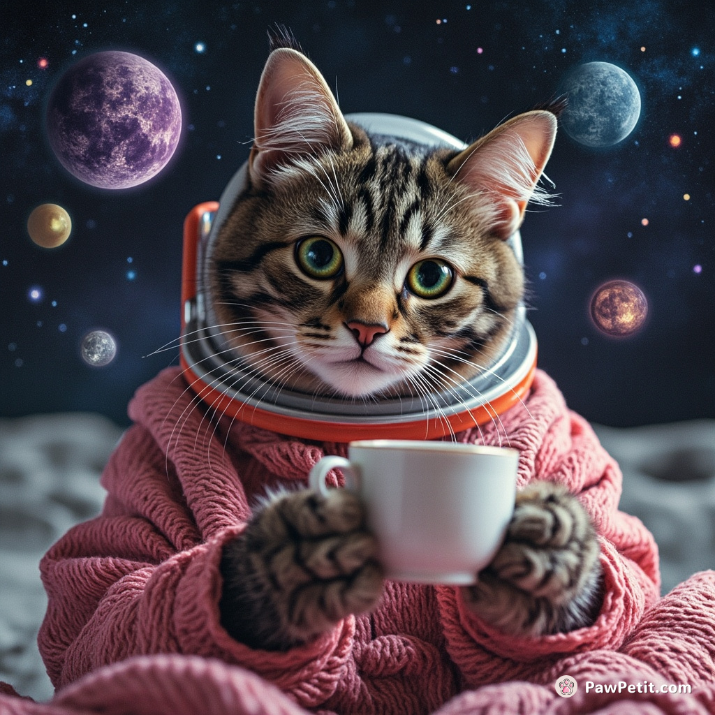 Cat simultaneously knitting a cosmic yarn galaxy and serving tea on the moon, wearing high-tech spacesuit.