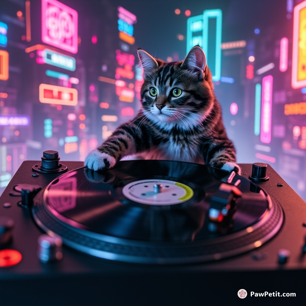 Cat spinning vinyl records with its claws on a floating neon cityscape.