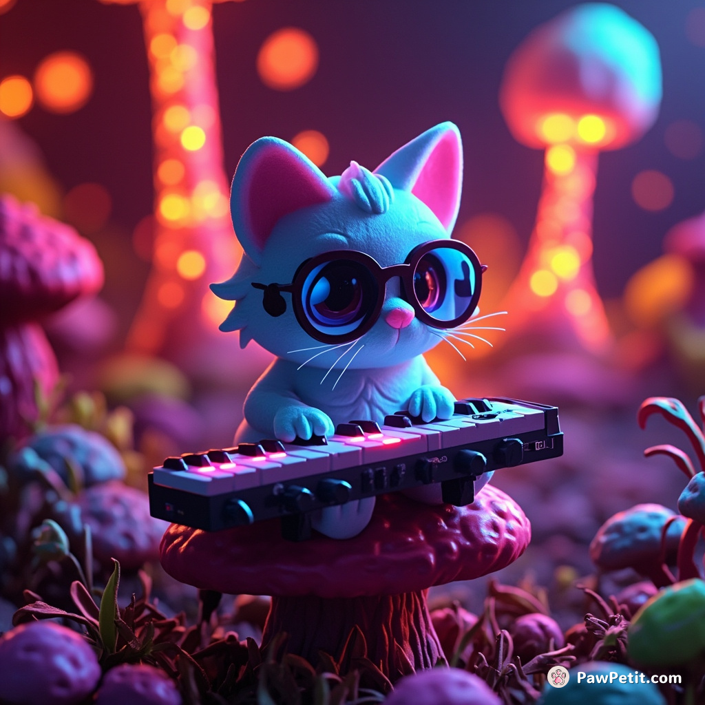 A fluorescent cat playing an electronic keyboard, on a sparkling mushroom in the heart of a neon lava forest.