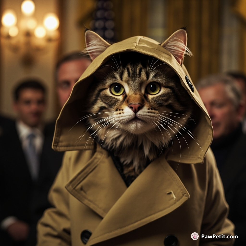 Cloaked in a trench coat, mischief-cat accidentally tweeted "MEEOW!" as the president's speech, triggering national "Speak Feline" day.