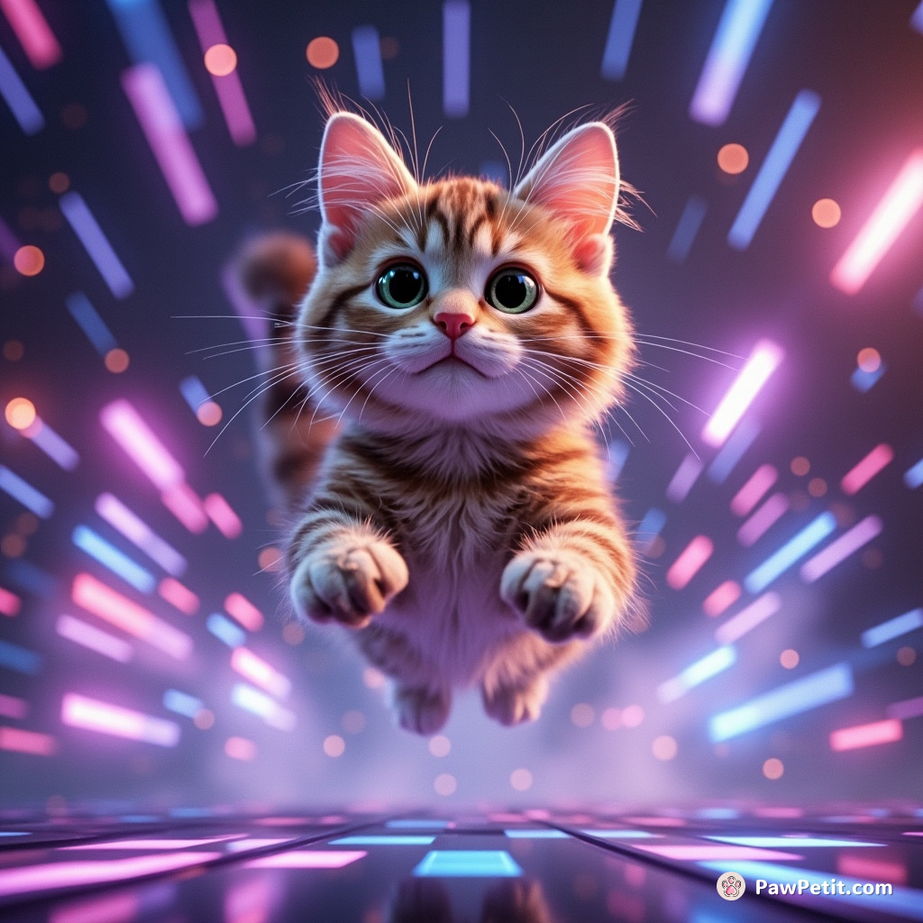 In a digital VR realm, a cat leaps between shimmering data streams, reshaping reality with each paw swipe.