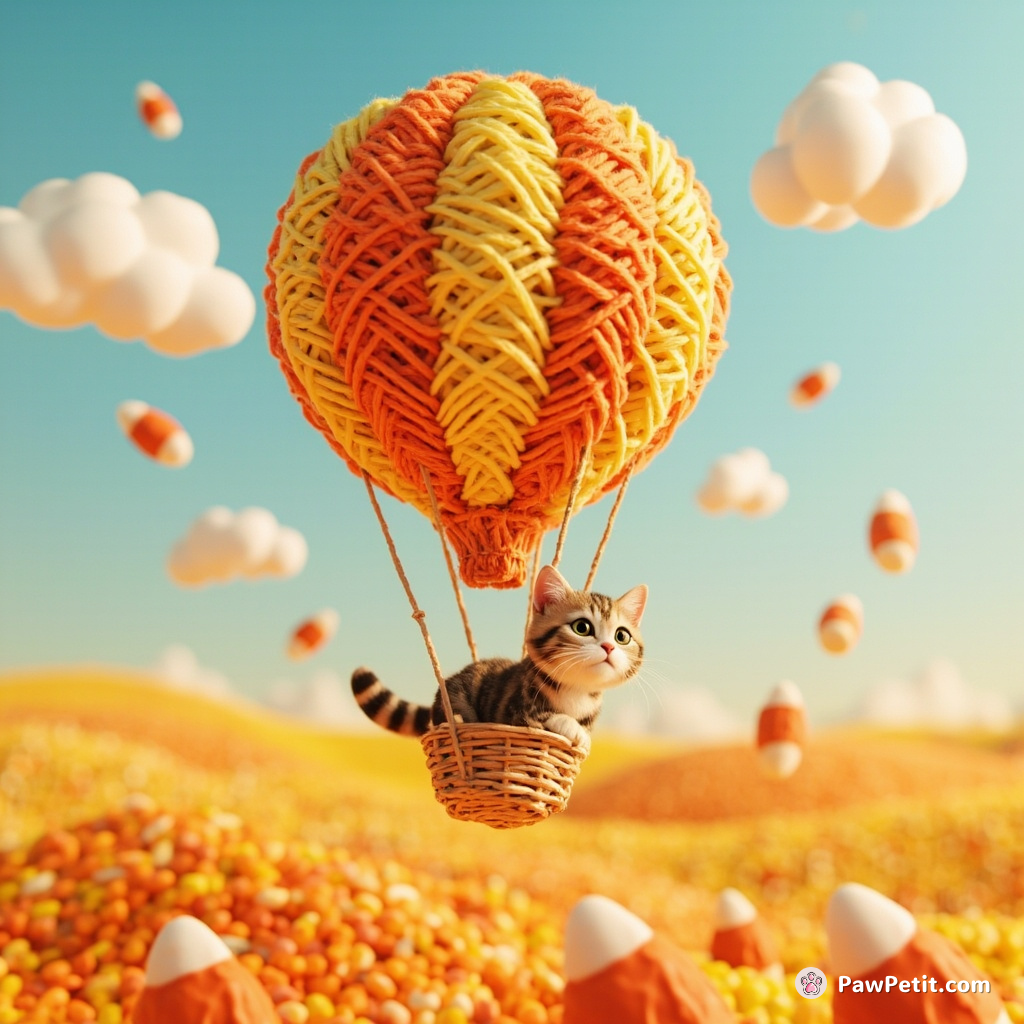 Cat floating in hot-air balloon made of yarn above a candy corn farm.