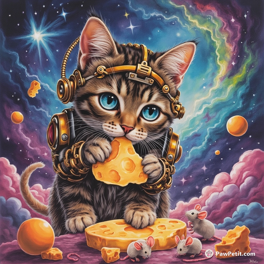 Cybernetic, steampunk cat eating neon martian mice on floating cheese in a galaxy of swirling rainbow nebulas.