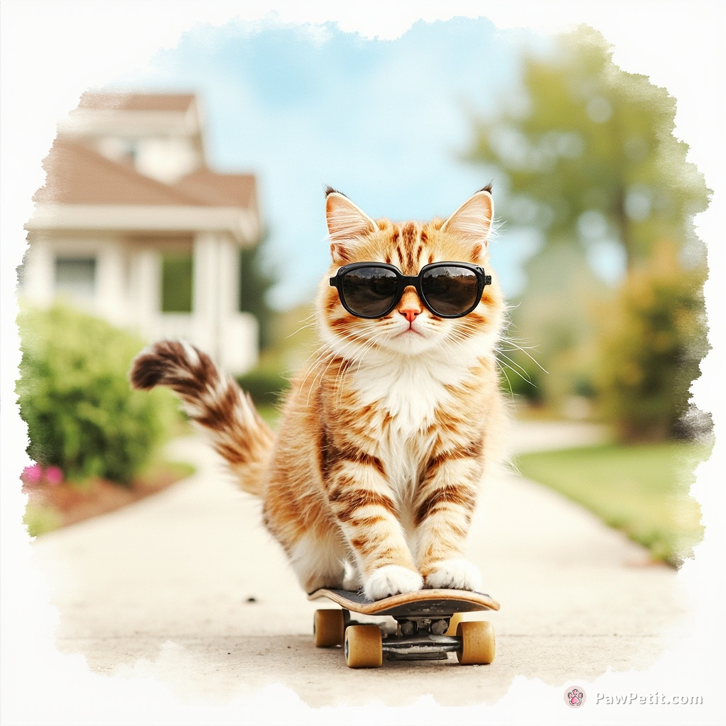 The cat, wearing tiny sunglasses, attempts to skateboard down the driveway, wobbling comically before gracefully leaping off at the last second.