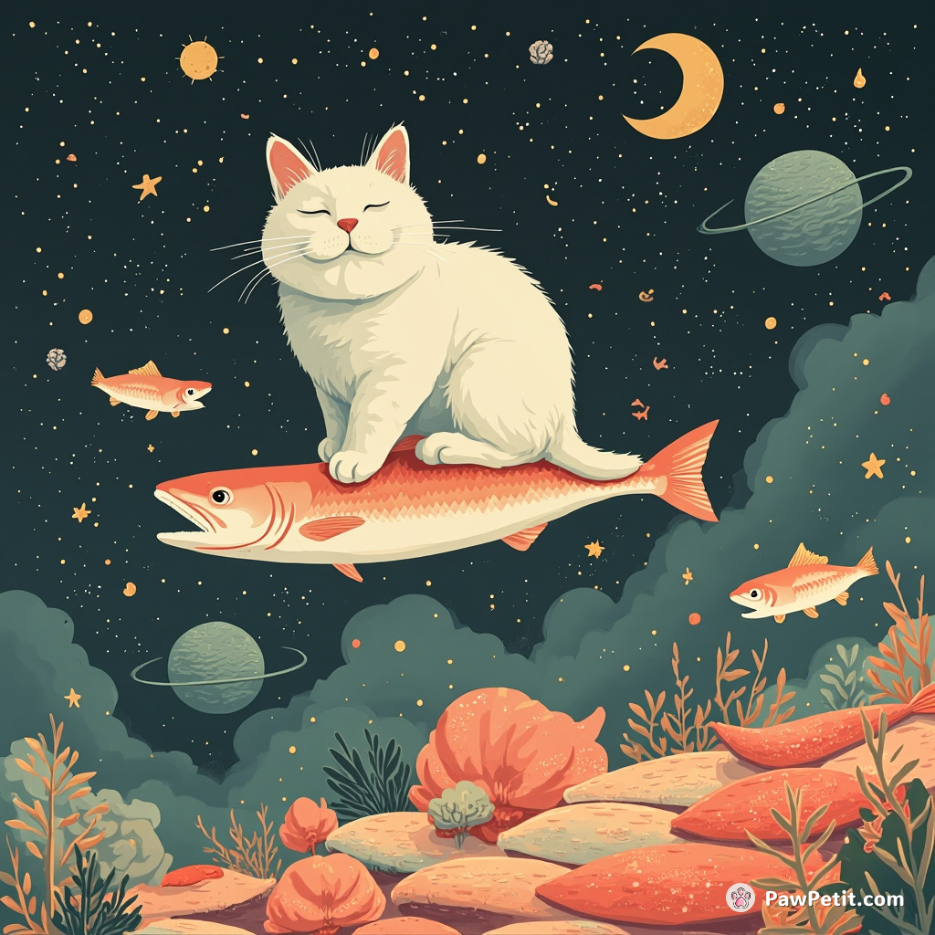 A mind-reader cat balancing precariously on a hovering salmon in the midst of an interstellar fish market.