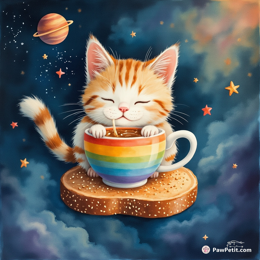 A cat indulging in a piping hot cup of rainbow tea on a floating sesame toast in space.