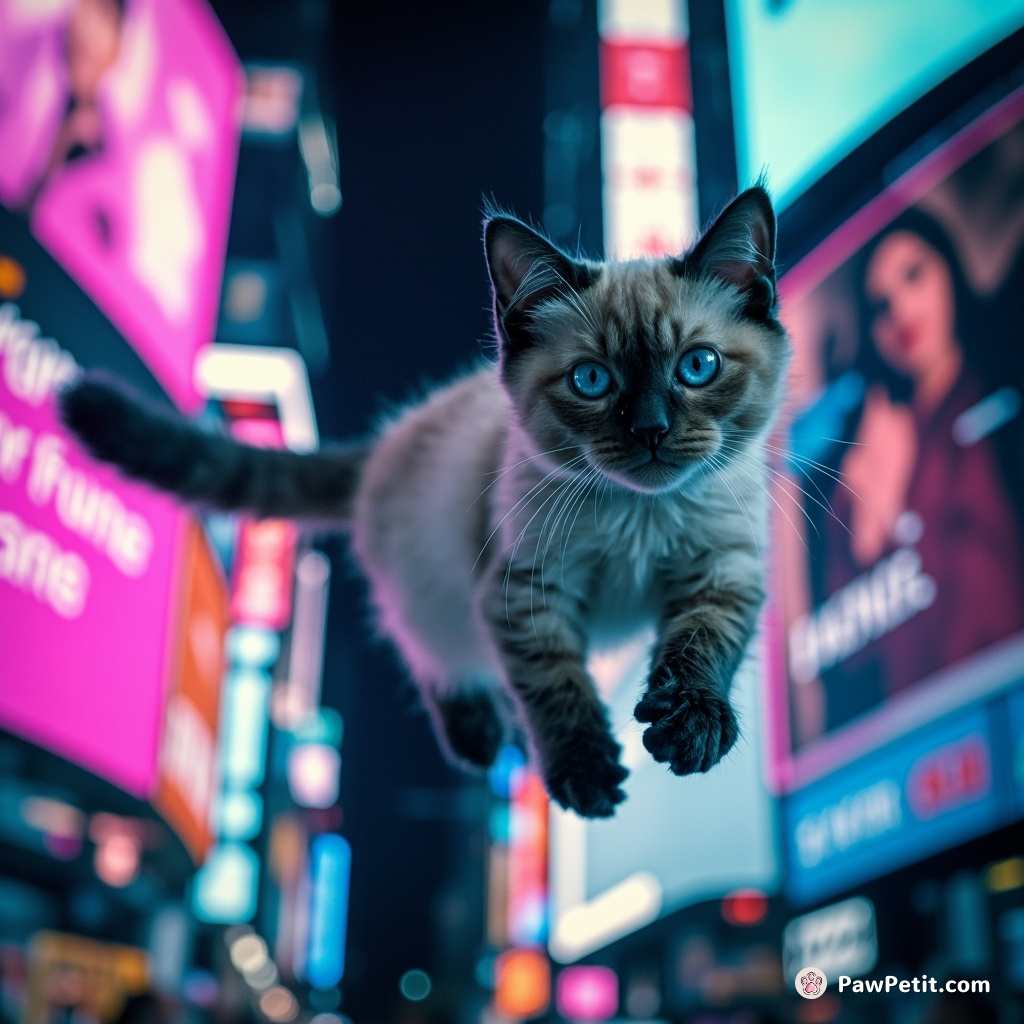 A cat deftly leaps between neon billboards, its tail a blur as it dances through the city's digital maze.